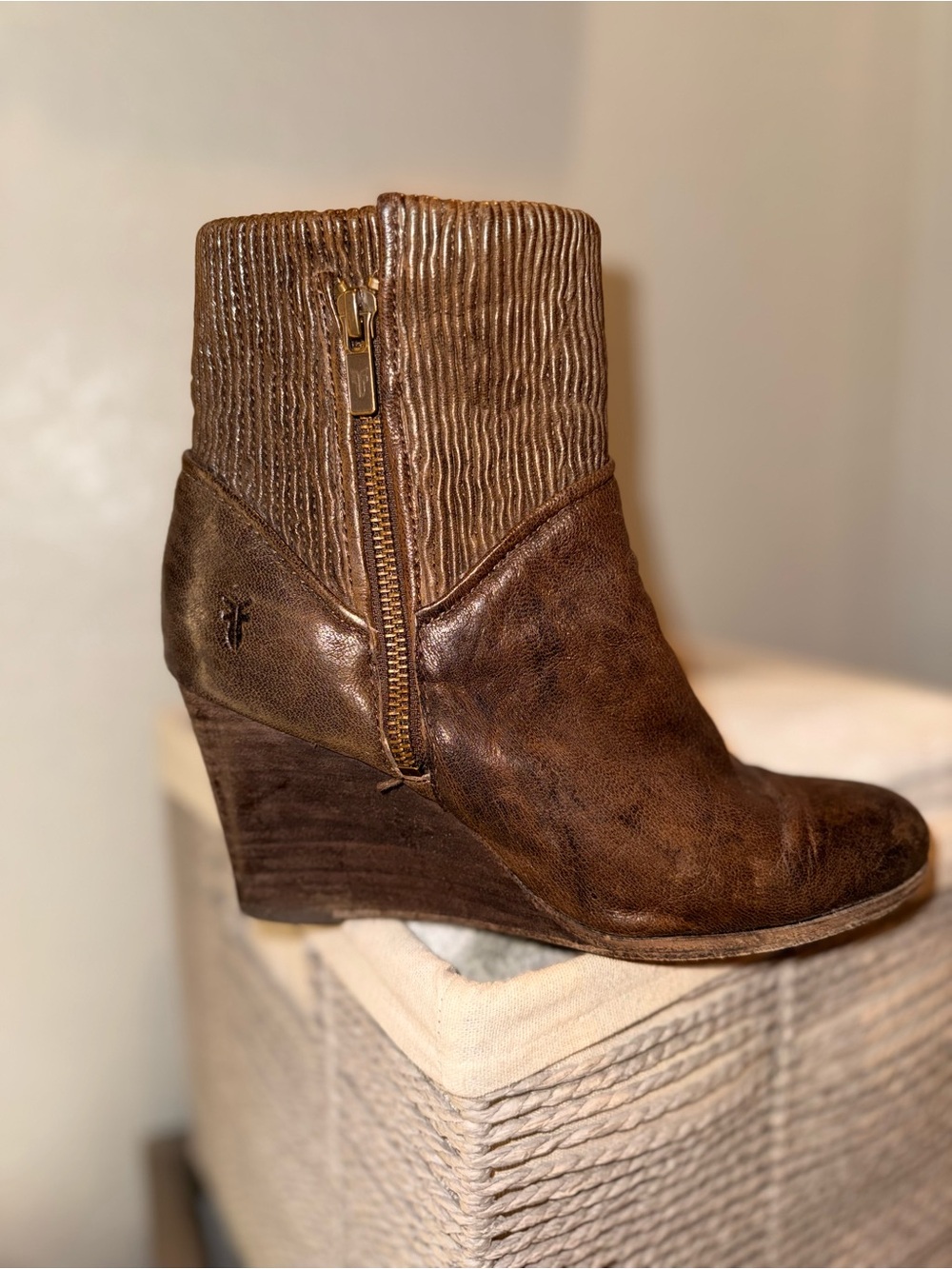Frye Brown Leather Wedge Ankle Boot